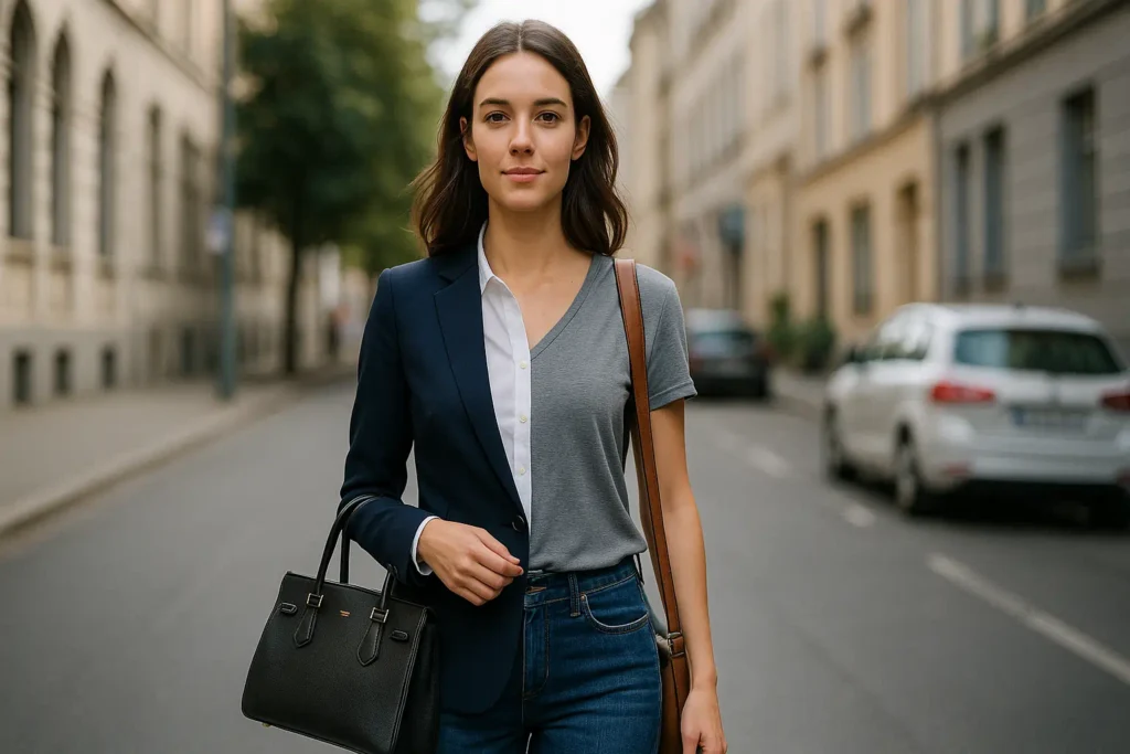 Eine junge Frau geht eine Straße entlang; die linke Seite zeigt sie in eleganter Business-Kleidung, die rechte Seite in Freizeit-Outfit – symbolisches Bild für ein Doppelleben zwischen zwei Welten.