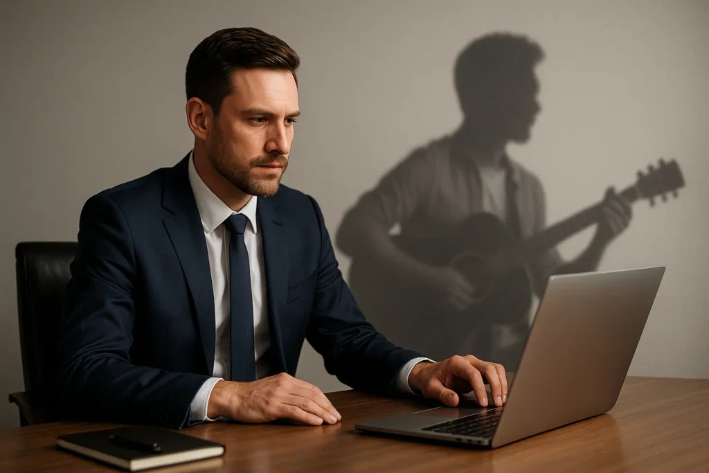 Ein Mann im Business-Anzug sitzt an einem Schreibtisch, während sein Schatten an der Wand ihn in Freizeitkleidung mit einer Gitarre zeigt – symbolisches Bild für ein Doppelleben zwischen Arbeit und Leidenschaft.