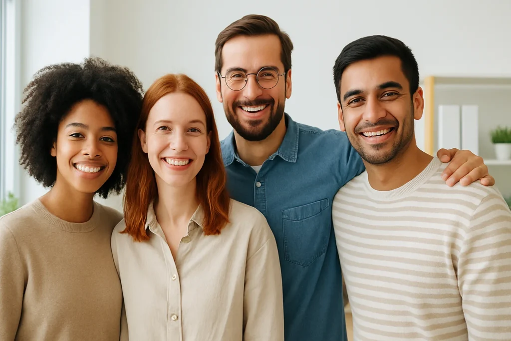 Vier sympathische Menschen unterschiedlicher Herkunft lächeln gemeinsam in einem modernen Büro – freundliches Teamfoto für die Kontaktseite der Alibiagentur.
