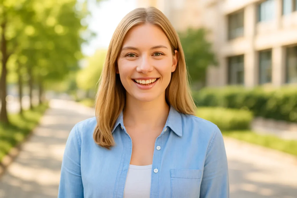 Freundliche junge Frau in hellem Outfit im Sonnenschein – positives Portrait für Alibiagentur Deutschland
