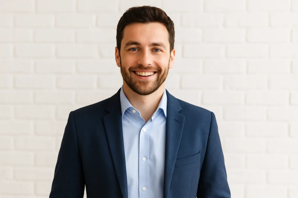 Freundlicher junger Mann im Business-Outfit vor heller Wand – seriöses Portrait für Alibiagentur Deutschland