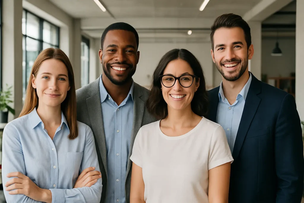 Freundliches Teamfoto mit vier unterschiedlichen Personen in modernem Büro – Symbolbild für Alibiagentur Österreich
