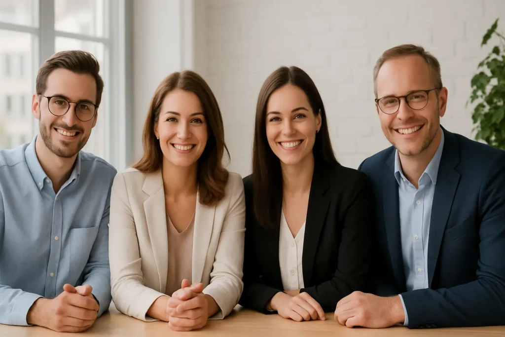 Seriöses, freundliches Teamfoto von vier lächelnden Personen in modernem Büro – Symbolbild für Alibiagentur Schweiz