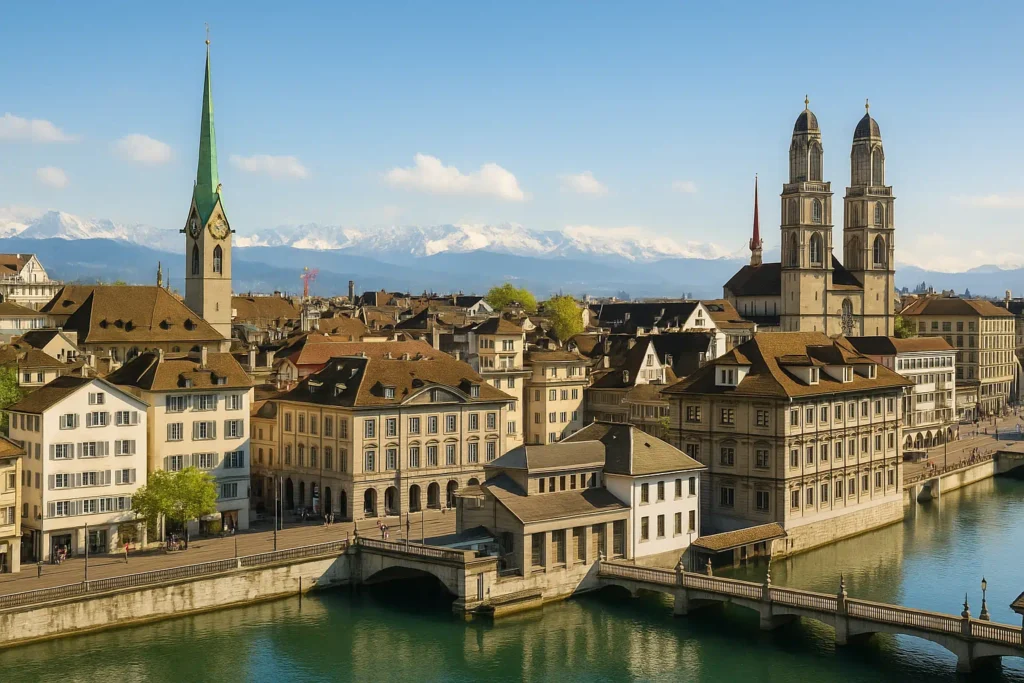 Stadtbild von Zürich mit Limmat, historischen Gebäuden und Alpen im Hintergrund – Symbolbild für Alibiagentur Schweiz