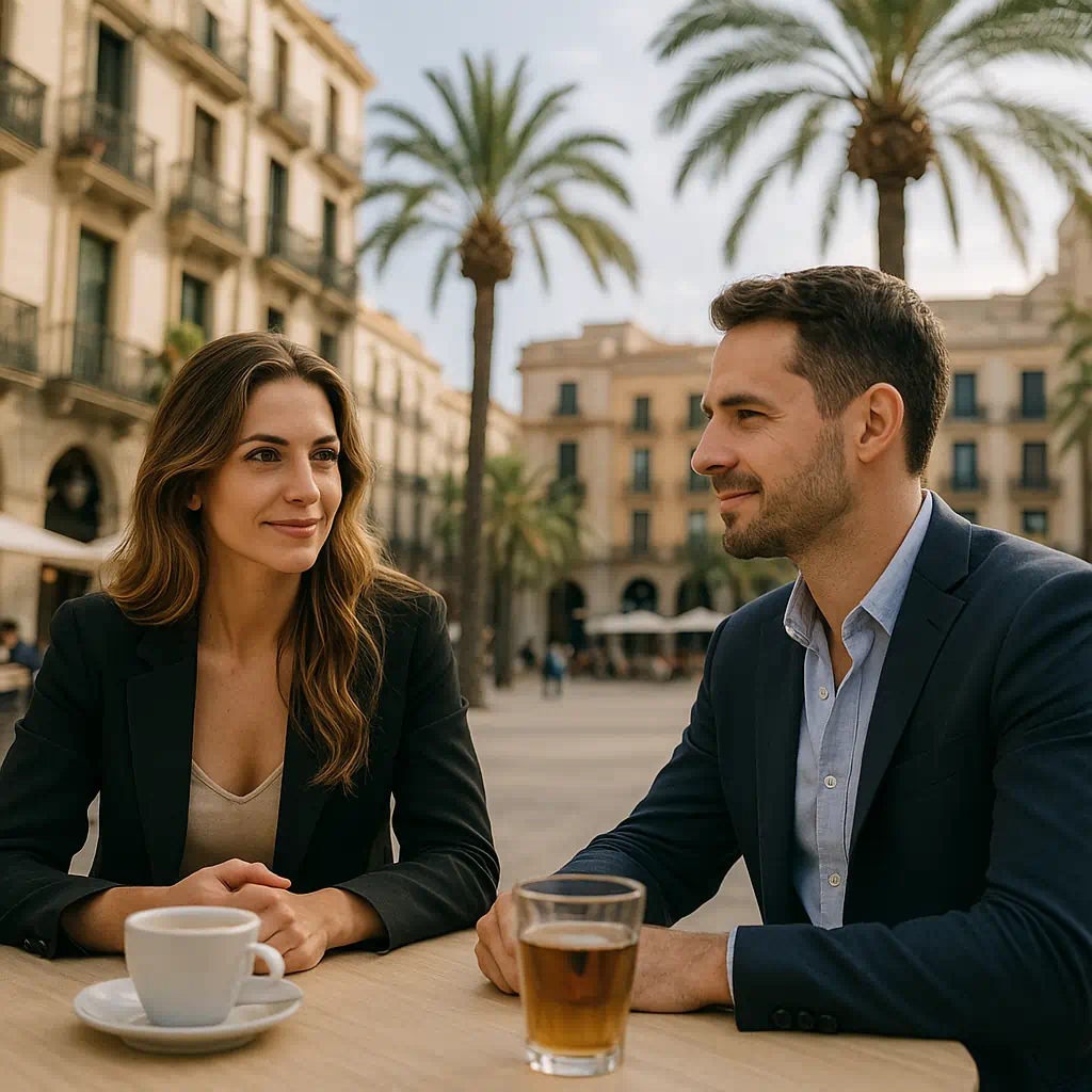 Paar sitzt in einem spanischen Straßencafé mit Palmen und mediterraner Architektur im Hintergrund – Symbolbild für Coartadas, die Alibiagentur in Spanien.