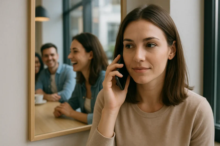 Frau telefoniert ernst, während ihr Spiegelbild im Café hinter ihr lachend mit Freunden zu sehen ist – Symbol für Alibi in Aktion und zwei Realitäten gleichzeitig